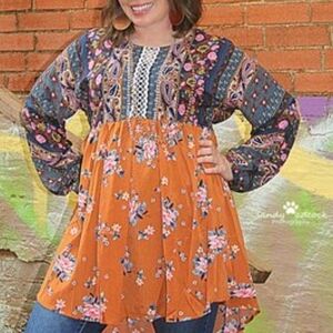 Umgee baby doll floral tunic top boho festival
